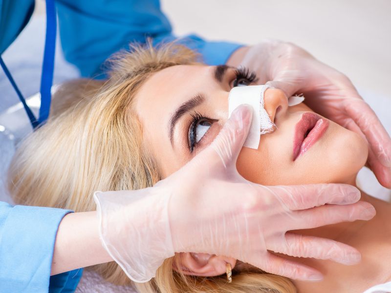 Médico avaliando cuidadosamente o resultado pós-cirúrgico no nariz da paciente